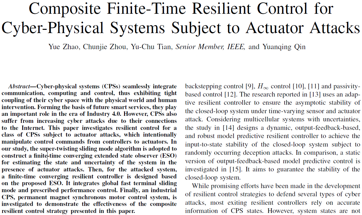 热烈祝贺赵越博士撰写的论文“Composite Finite-Time Resilient Control for Cyber-Physical Systems Subject to Actuator Attacks”8月20日被IEEE TRANSACTIONS ON CYBERNETICS期刊录用