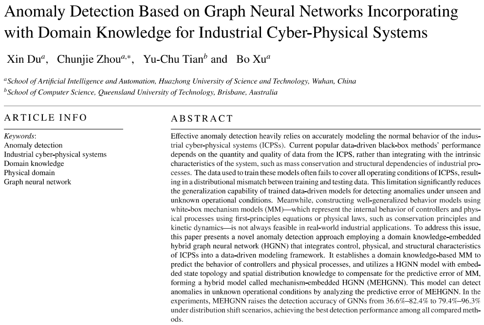 热烈祝贺博士生杜鑫撰写的论文“Anomaly Detection Based on Graph Neural Networks Incorporating with Domain Knowledge for Industrial Cyber-Physical Systems”被国际权威期刊录用