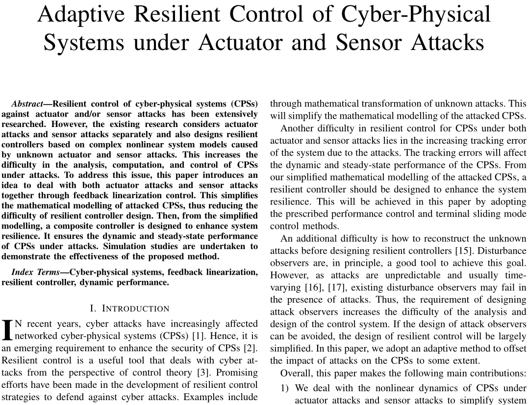 热烈祝贺赵越博士撰写的论文“Adaptive Resilient Control of Cyber-Physical Systems under Actuator and Sensor Attacks”8月25日被IEEE Transactions on Industrial Informatics (TII)期刊录用