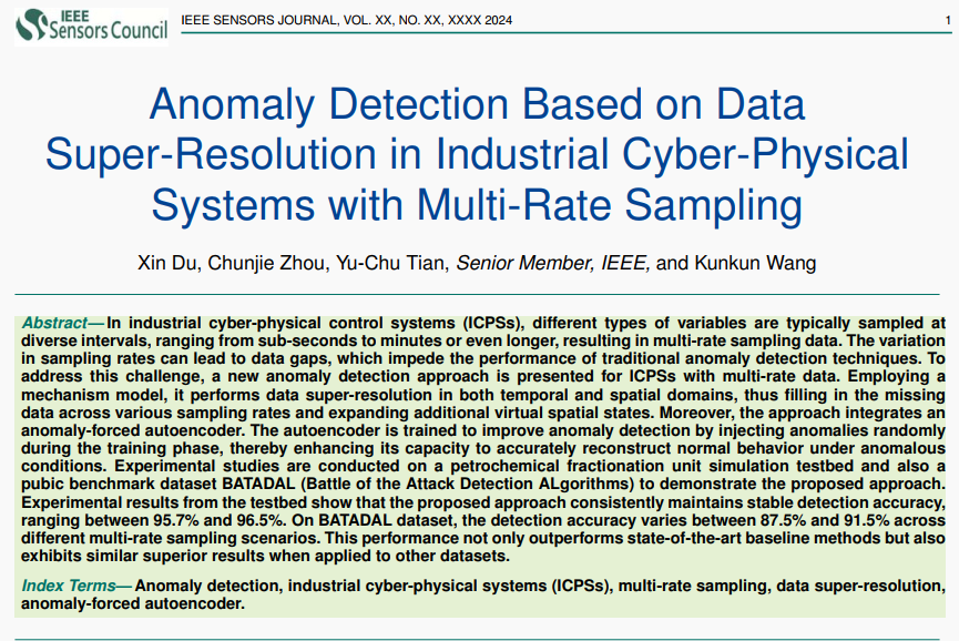 热烈祝贺杜鑫博士撰写的论文“Anomaly Detection Based on Data Super-Resolution in Industrial Cyber-Physical Systems With Multirate Sampling”被国际权威期刊录用