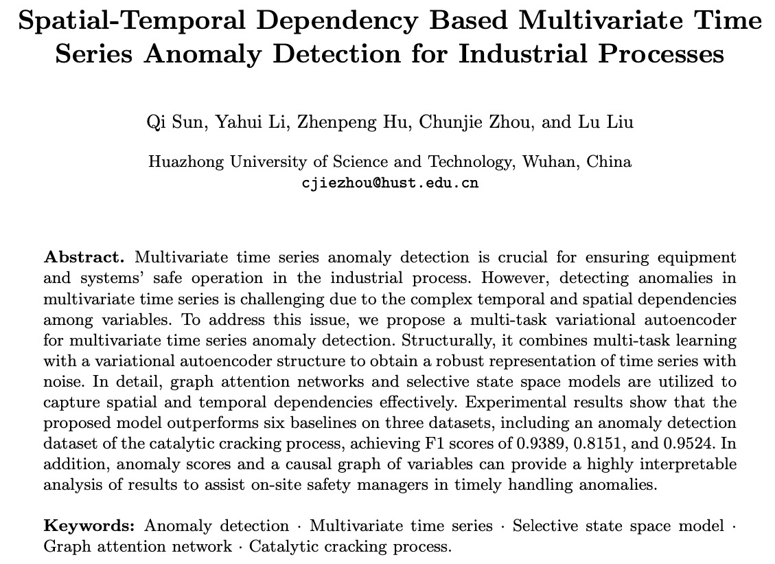 热烈祝贺孙琪硕士撰写的论文“Spatial-Temporal Dependency Based Multivariate Time Series Anomaly Detection for Industrial Processes”被CCF会议-第二十届国际智能计算会议（ICIC 2024）录用