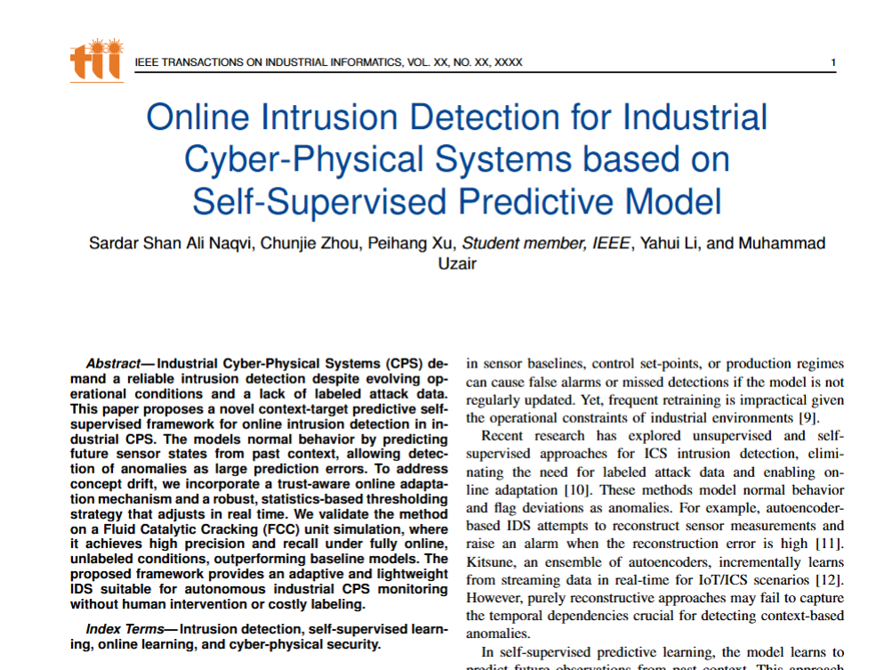 热烈祝贺SARDAR SHAN ALI NAQVI博士后撰写的论文“Online Intrusion Detection for Industrial Cyber-Physical Systems based on Self-Supervised Predictive Model”被国际权威期刊录用